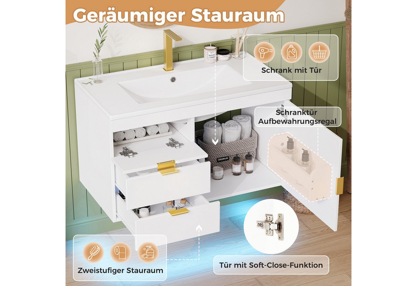 Merax Waschtisch mit LED inkl.APP, Wandhängender Badezimmerschrank mit Waschbecken (76x46x51cm, 1-St., Badmöbel Set ohne Wasserhahn), Badschrank mit 2 Schubladen, 1 Klapptür, 1 Flügeltür & Stauraum Bild 4