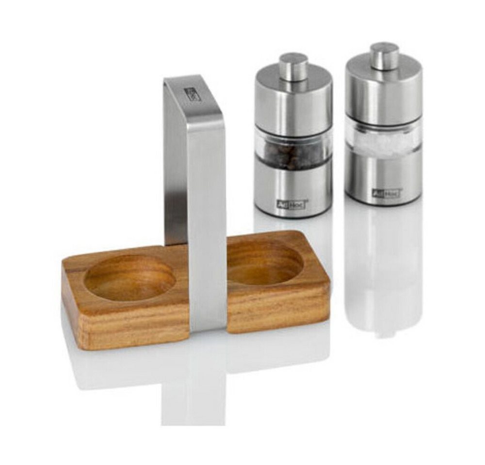 AdHoc Salz-/Pfeffermühle Pfeffer- und Salzmühle Menage 3-tlg. Minimill silber, (3 Stück), Pfeffer- und Salzmühle Menage, 3-tlg., 9,20cm, Edelstahl, silber