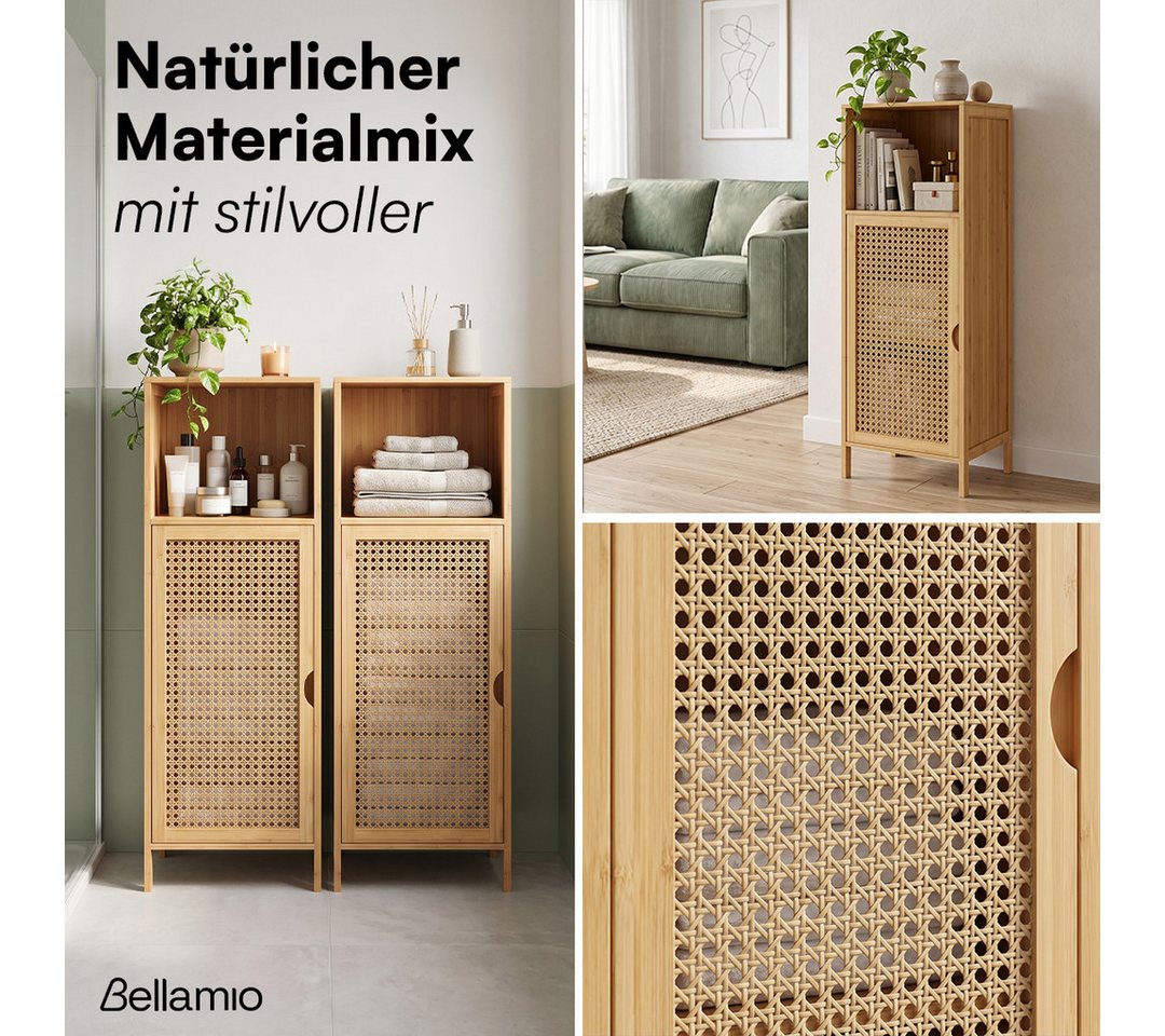 Bellamio Badregal Raba, Badschrank aus Bambus & Rattan, 36×33×98 cm, Midi Schrank mit 2 Fächern & 1 Tür, robst und langlebig