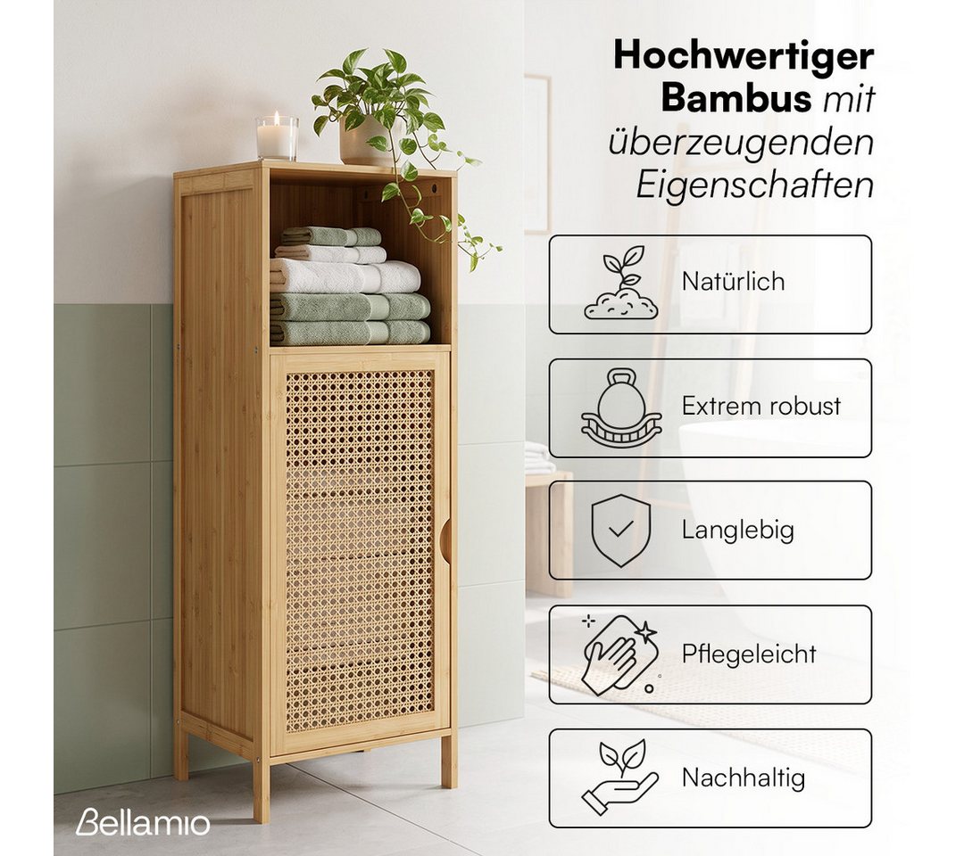 Bellamio Badregal Raba, Badschrank aus Bambus & Rattan, 36×33×98 cm, Midi Schrank mit 2 Fächern & 1 Tür, robst und langlebig Bild 2