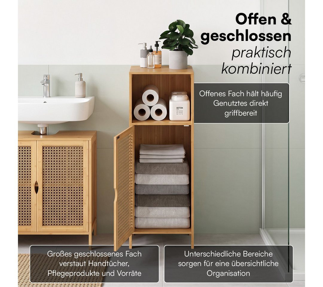 Bellamio Badregal Raba, Badschrank aus Bambus & Rattan, 36×33×98 cm, Midi Schrank mit 2 Fächern & 1 Tür, robst und langlebig Bild 4
