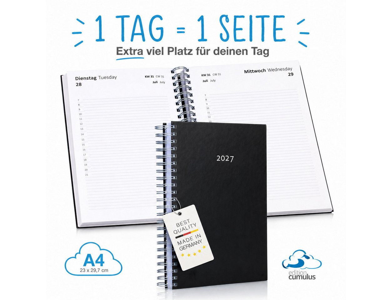 edition cumulus Terminkalender edition cumulus Der GROSSE DICKE Tageskalender 2027 DIN A4 1Tag=1Seite, 1 Tag pro Seite, DIN A4, FSC-Papier, Notizbereich, Made in Germany