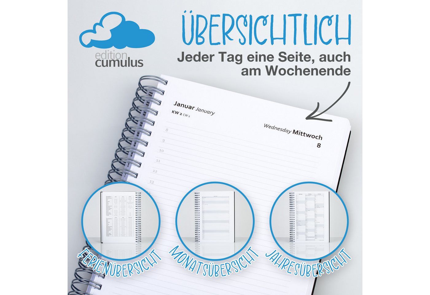 edition cumulus Terminkalender edition cumulus Der GROSSE DICKE Tageskalender 2027 DIN A4 1Tag=1Seite, 1 Tag pro Seite, DIN A4, FSC-Papier, Notizbereich, Made in Germany Bild 2