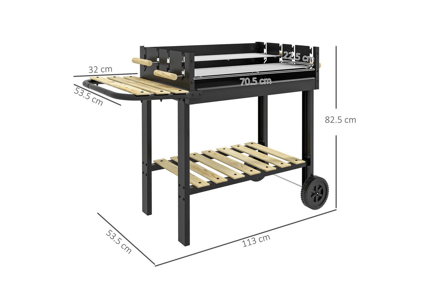 MC Star Holzkohlegrill Höhenverstellbarer Holzkohlegrill mit 2 Grillrosten und 2 Ablagen, aus Metall und Holz, 113 x 53,5 x 82,5 cm, Schwarz