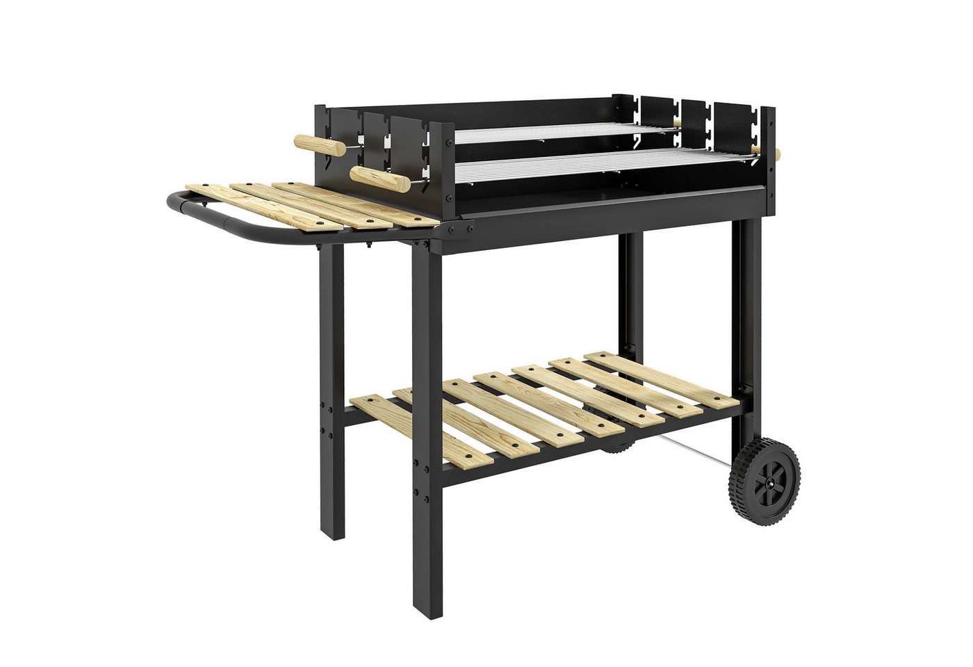 MC Star Holzkohlegrill Höhenverstellbarer Holzkohlegrill mit 2 Grillrosten und 2 Ablagen, aus Metall und Holz, 113 x 53,5 x 82,5 cm, Schwarz Bild 2