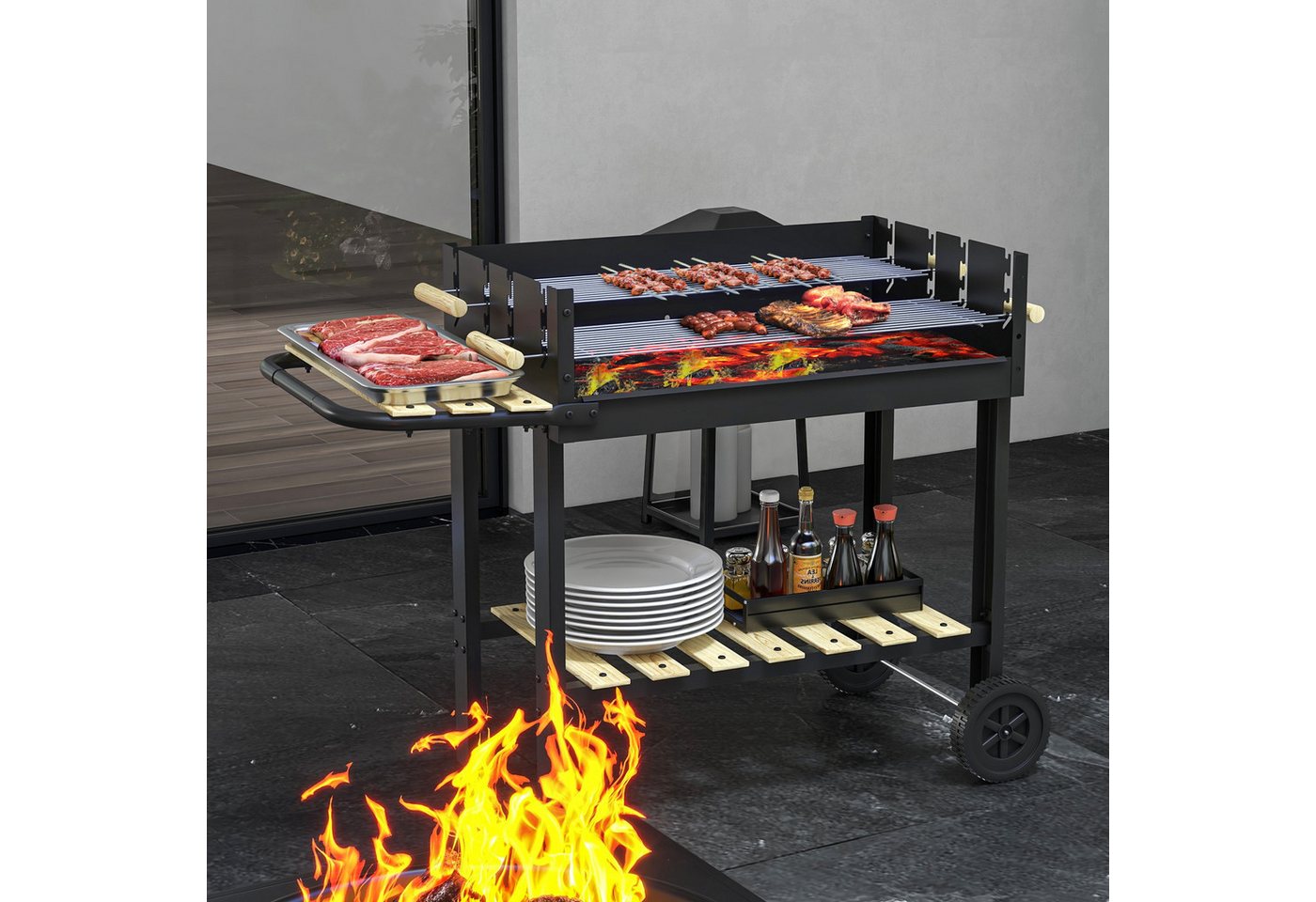 MC Star Holzkohlegrill Höhenverstellbarer Holzkohlegrill mit 2 Grillrosten und 2 Ablagen, aus Metall und Holz, 113 x 53,5 x 82,5 cm, Schwarz Bild 3