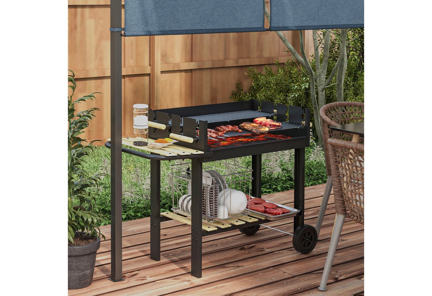 MC Star Holzkohlegrill Höhenverstellbarer Holzkohlegrill mit 2 Grillrosten und 2 Ablagen, aus Metall und Holz, 113 x 53,5 x 82,5 cm, Schwarz Bild 4