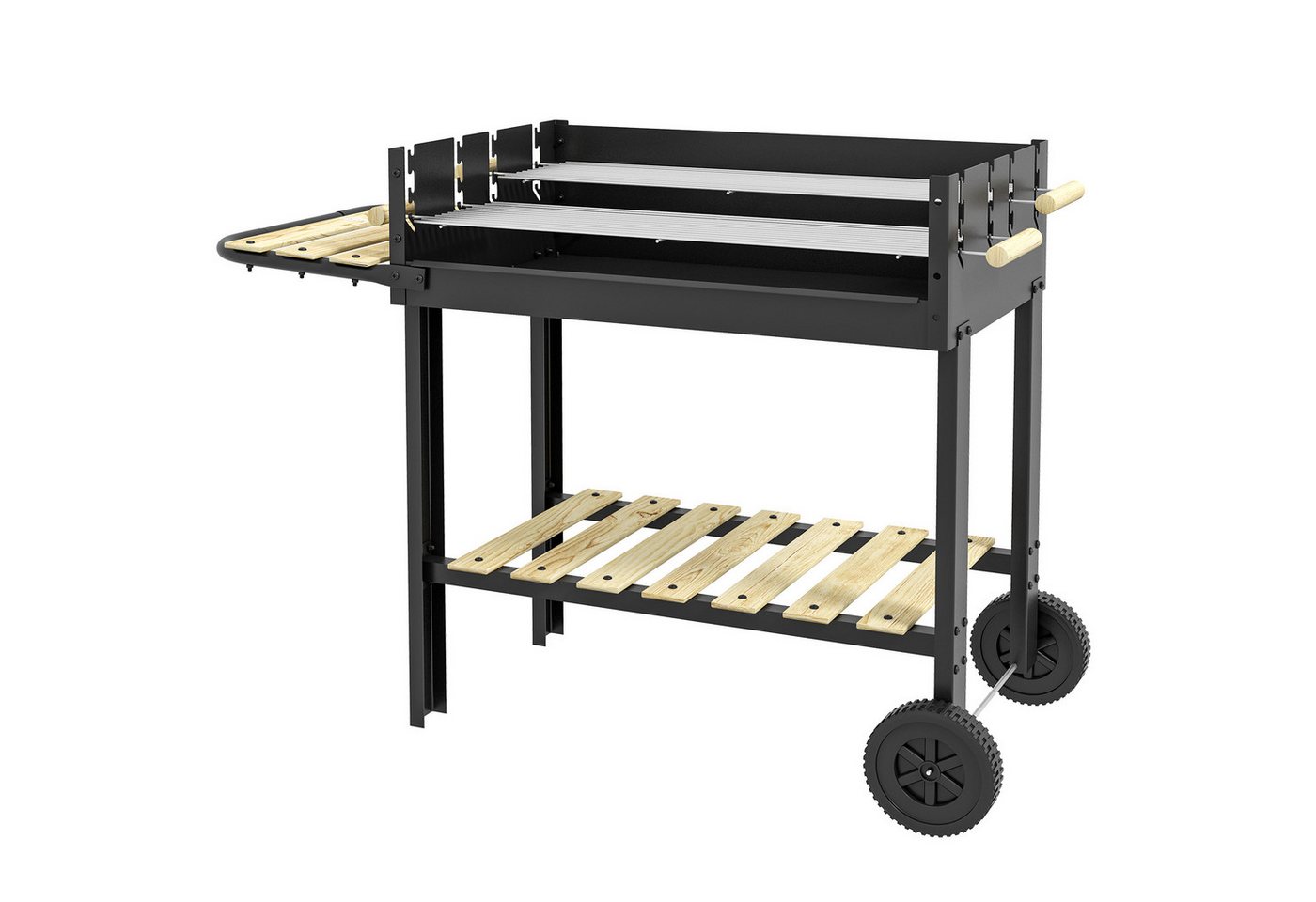 MC Star Holzkohlegrill Höhenverstellbarer Holzkohlegrill mit 2 Grillrosten und 2 Ablagen, aus Metall und Holz, 113 x 53,5 x 82,5 cm, Schwarz Bild 5