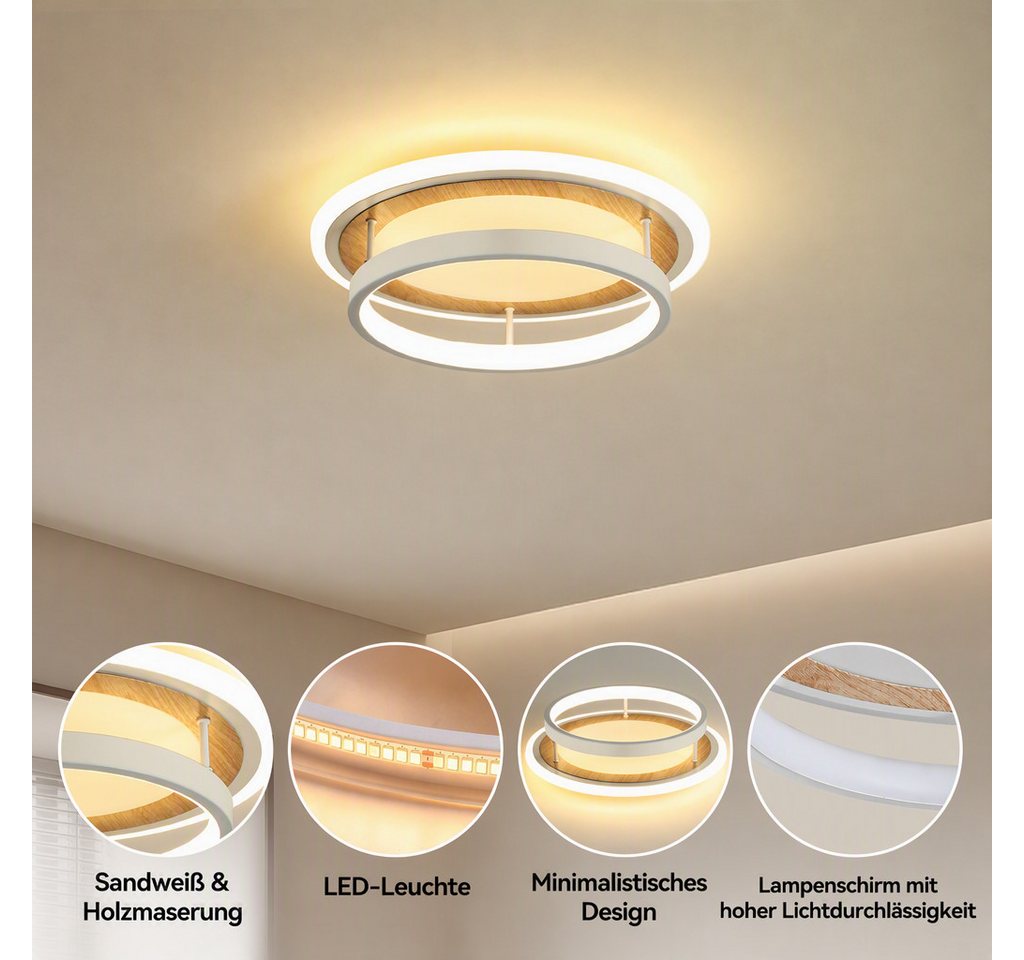 BlingBin LED Deckenleuchte Ø 30 Deckenlampe quadratisch/rund moderne Holzoptik 34 W Warmweiß, rund, LED fest integriert, Tageslichtweiß, Sandweiß für Wohnzimmer Schlafzimmer Esszimmer Bild 4