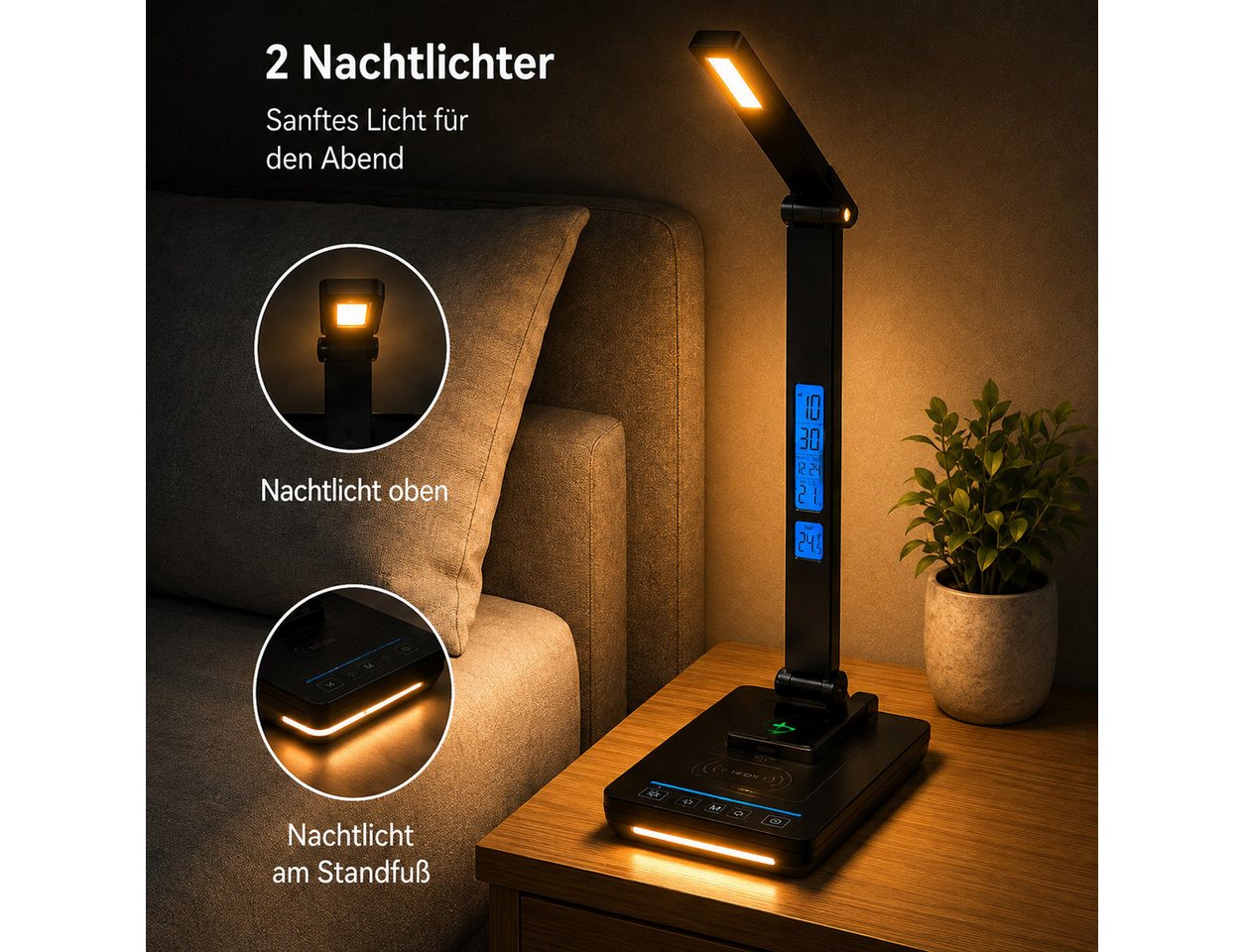 Fyrove Schreibtischlampe LED Tischlampe dimmbar, 10W kabelloses Laden, USB Ladefunktion, LED fest integriert, LCD Display, 5 Lichtfarben, 5 Helligkeitsstufen, Nachtlicht, Timer