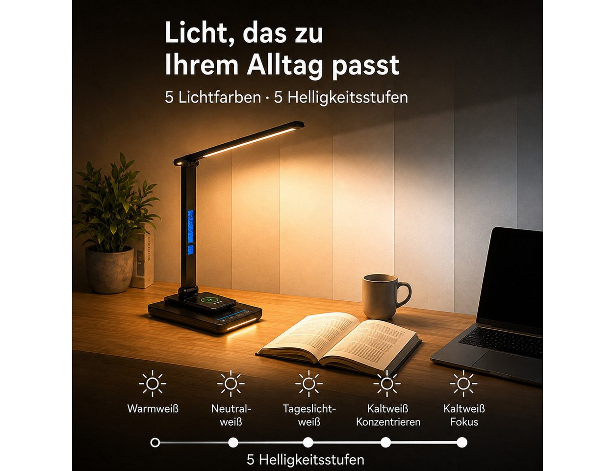 Fyrove Schreibtischlampe LED Tischlampe dimmbar, 10W kabelloses Laden, USB Ladefunktion, LED fest integriert, LCD Display, 5 Lichtfarben, 5 Helligkeitsstufen, Nachtlicht, Timer Bild 2