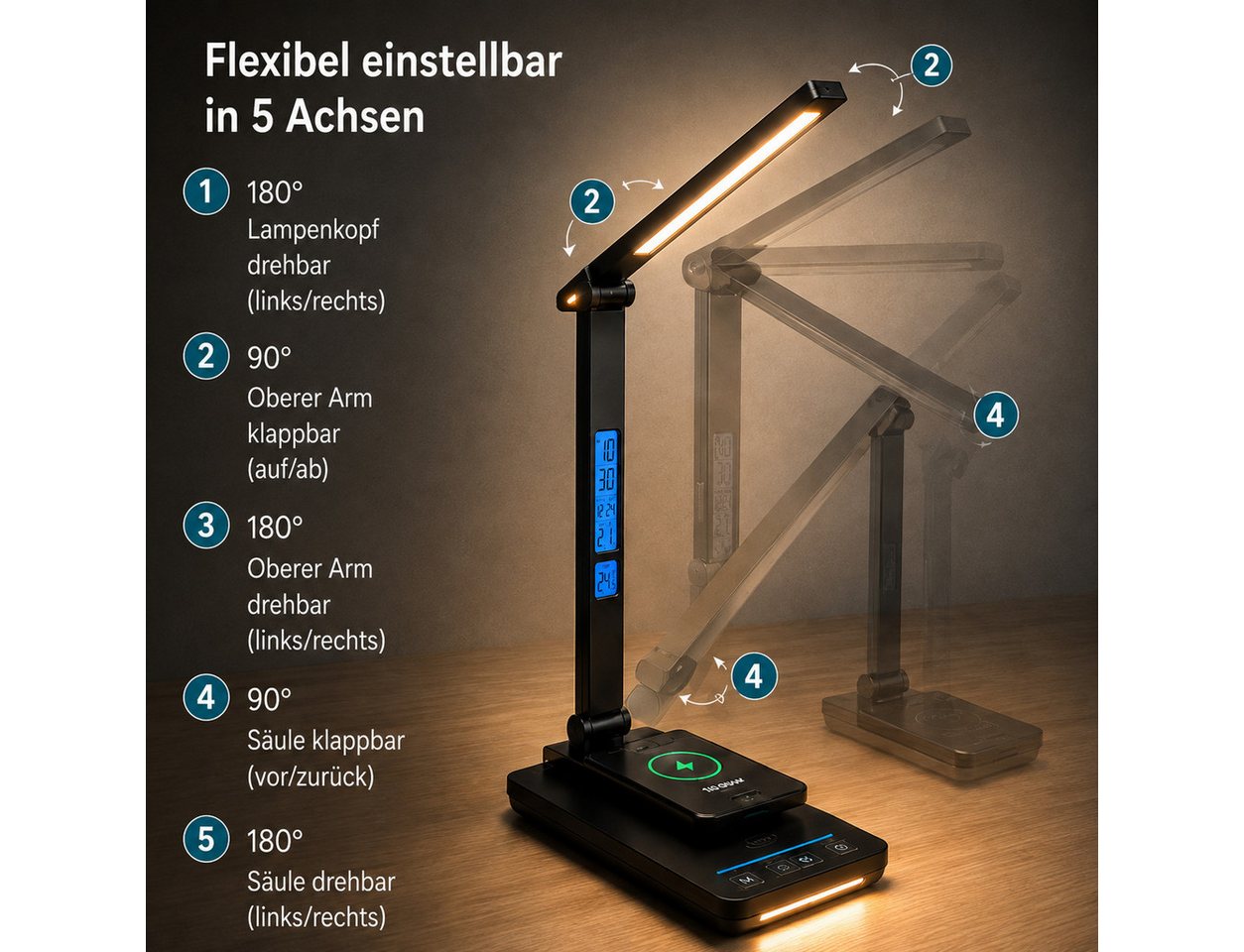 Fyrove Schreibtischlampe LED Tischlampe dimmbar, 10W kabelloses Laden, USB Ladefunktion, LED fest integriert, LCD Display, 5 Lichtfarben, 5 Helligkeitsstufen, Nachtlicht, Timer Bild 4