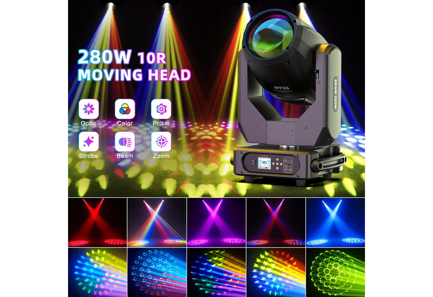 ZonQoonz Discolicht 280W Moving-Head-Scheinwerfer Regenbogeneffekt für Hochzeiten Partys