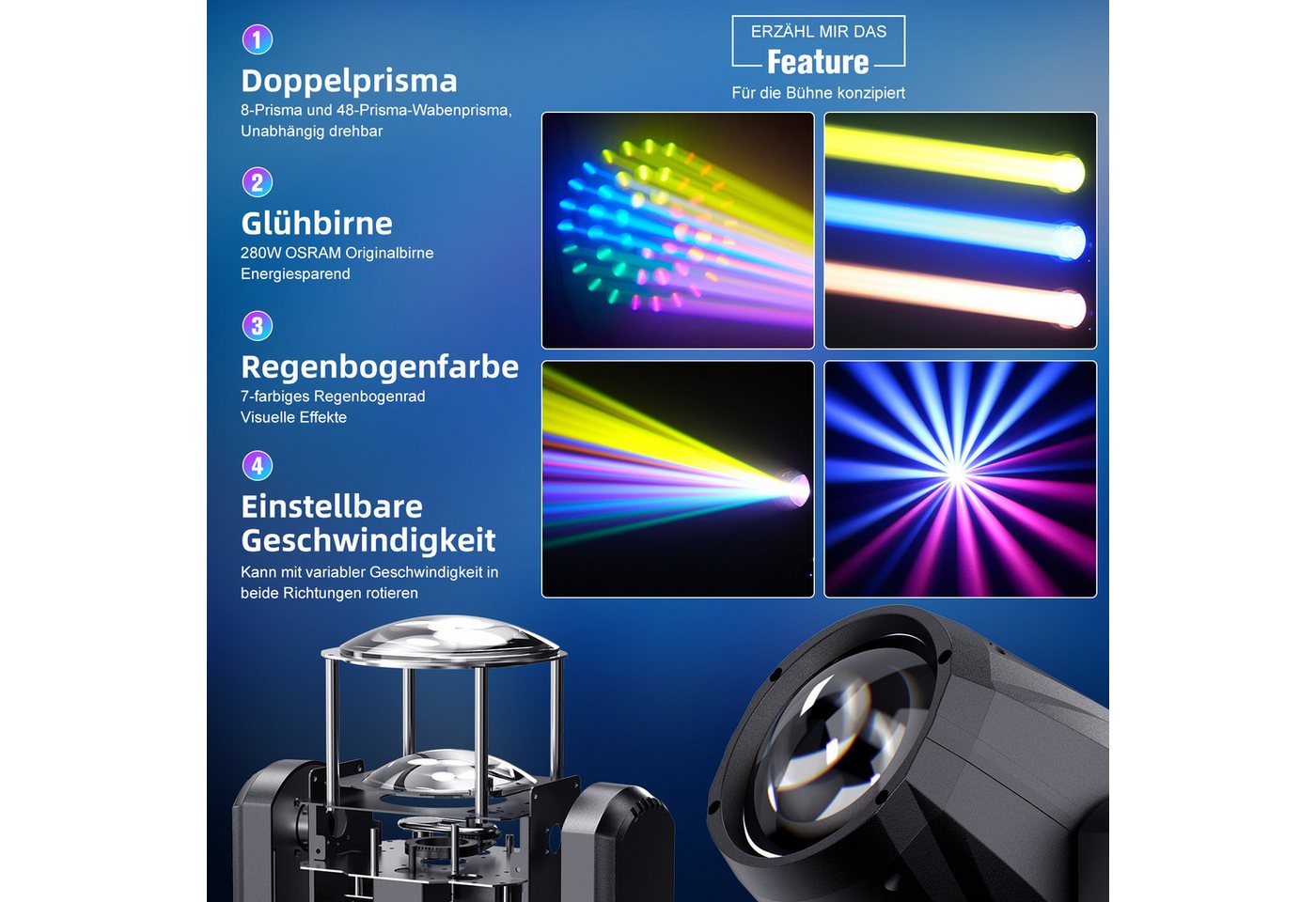 ZonQoonz Discolicht 280W Moving-Head-Scheinwerfer Regenbogeneffekt für Hochzeiten Partys Bild 2