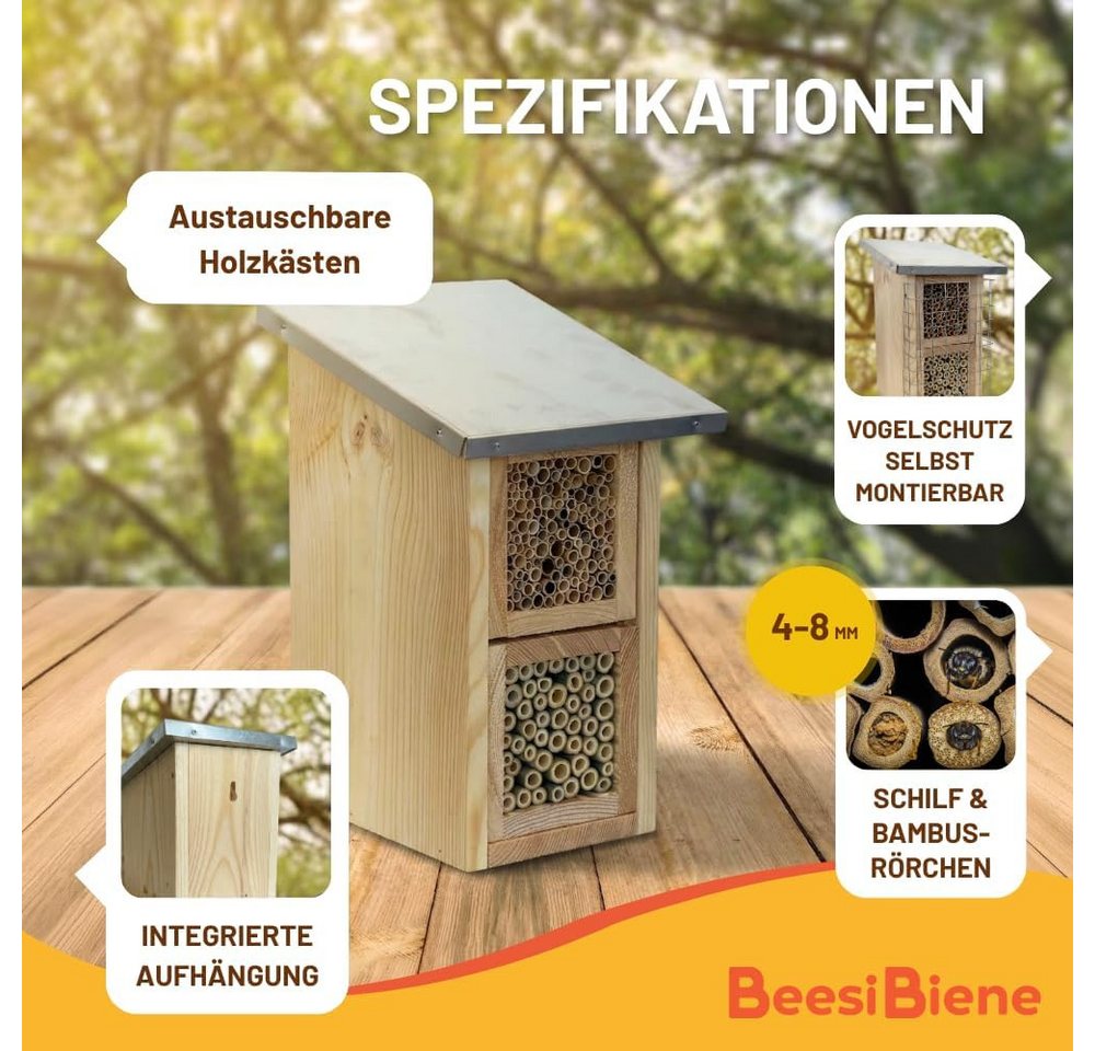 BEESI Insektenhotel mit Metalldach & Vogelschutz-Gitter, 2-Etagen XXL-Nisthilfe, 4-8mm, (1-St., für Solitärbienen – Vogelschutz-Gitter gegen Spechte/Meisen), Nisthilfe Wildbienen mit austauschbaren Holzkästen (Module) Bild 2