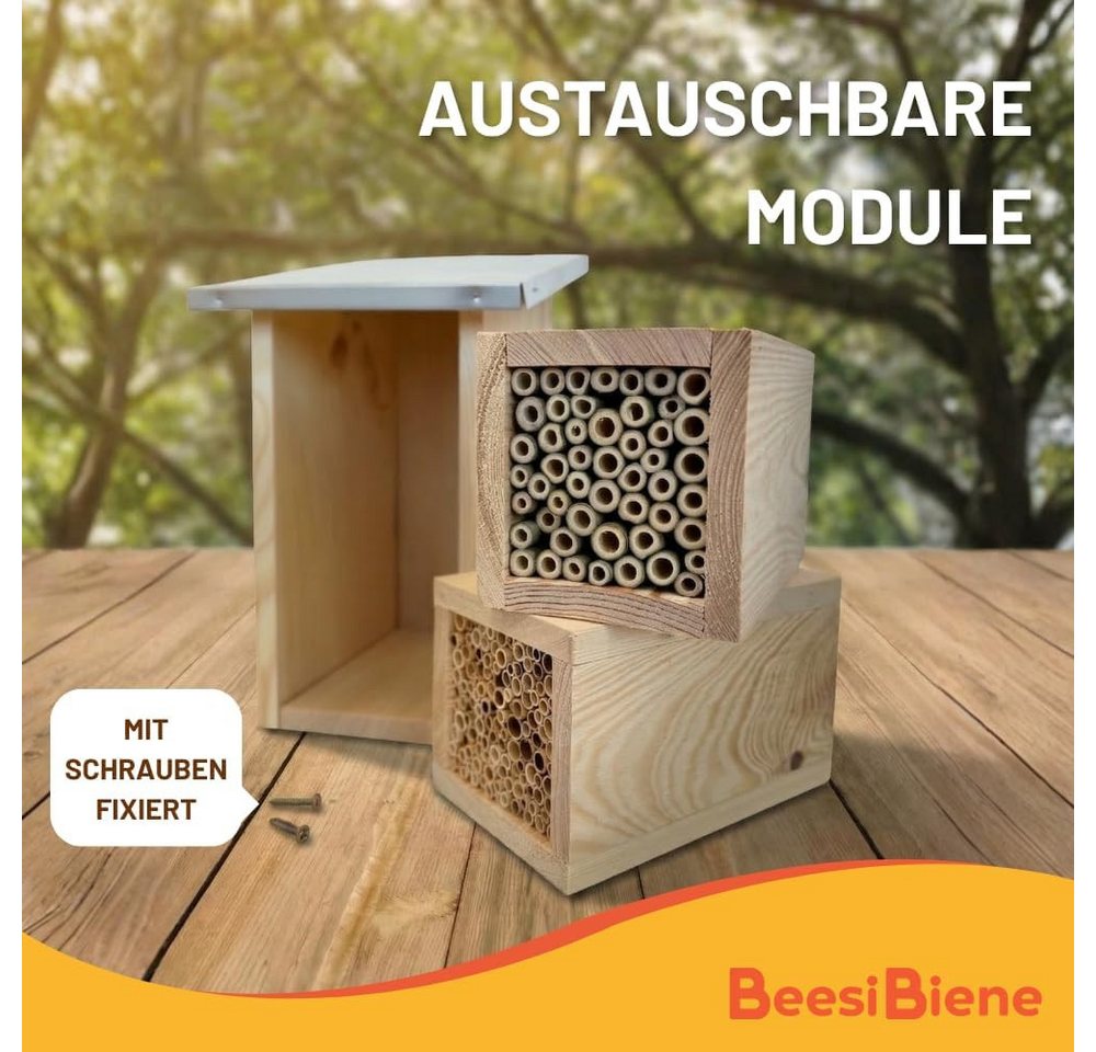 BEESI Insektenhotel mit Metalldach & Vogelschutz-Gitter, 2-Etagen XXL-Nisthilfe, 4-8mm, (1-St., für Solitärbienen – Vogelschutz-Gitter gegen Spechte/Meisen), Nisthilfe Wildbienen mit austauschbaren Holzkästen (Module) Bild 3