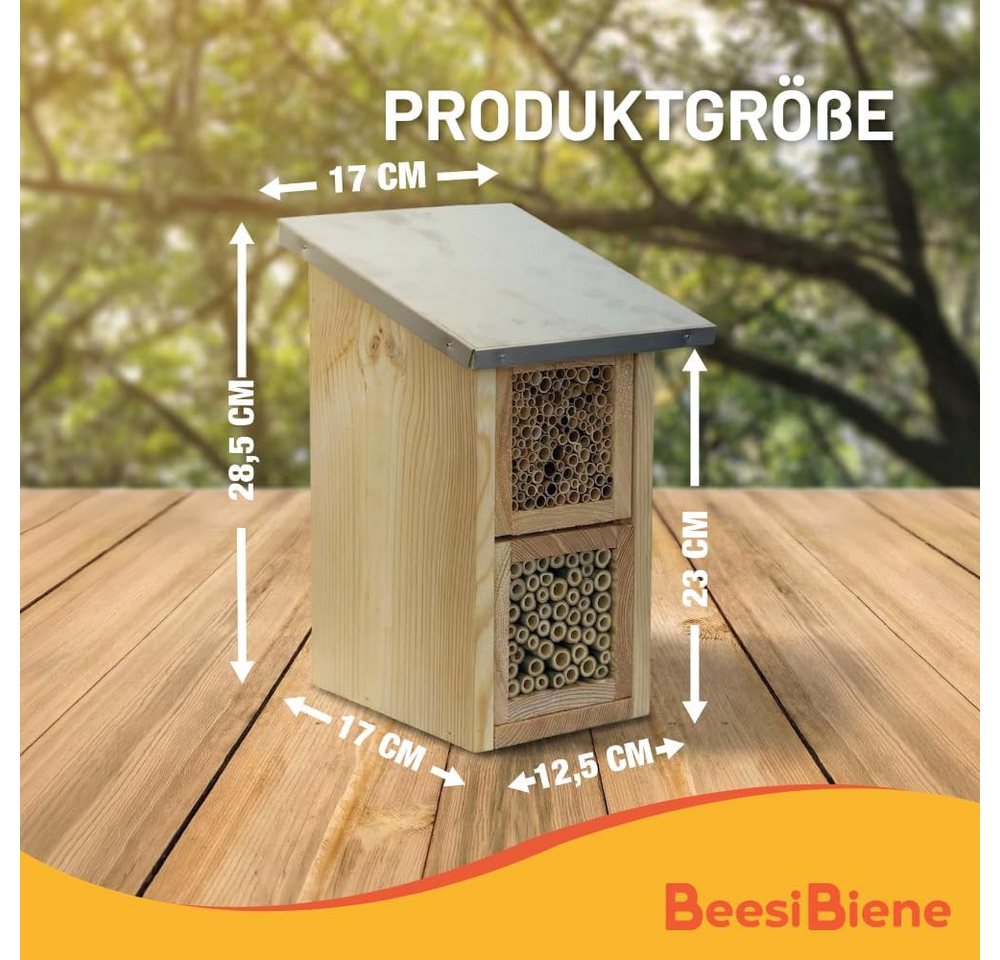 BEESI Insektenhotel mit Metalldach & Vogelschutz-Gitter, 2-Etagen XXL-Nisthilfe, 4-8mm, (1-St., für Solitärbienen – Vogelschutz-Gitter gegen Spechte/Meisen), Nisthilfe Wildbienen mit austauschbaren Holzkästen (Module) Bild 5