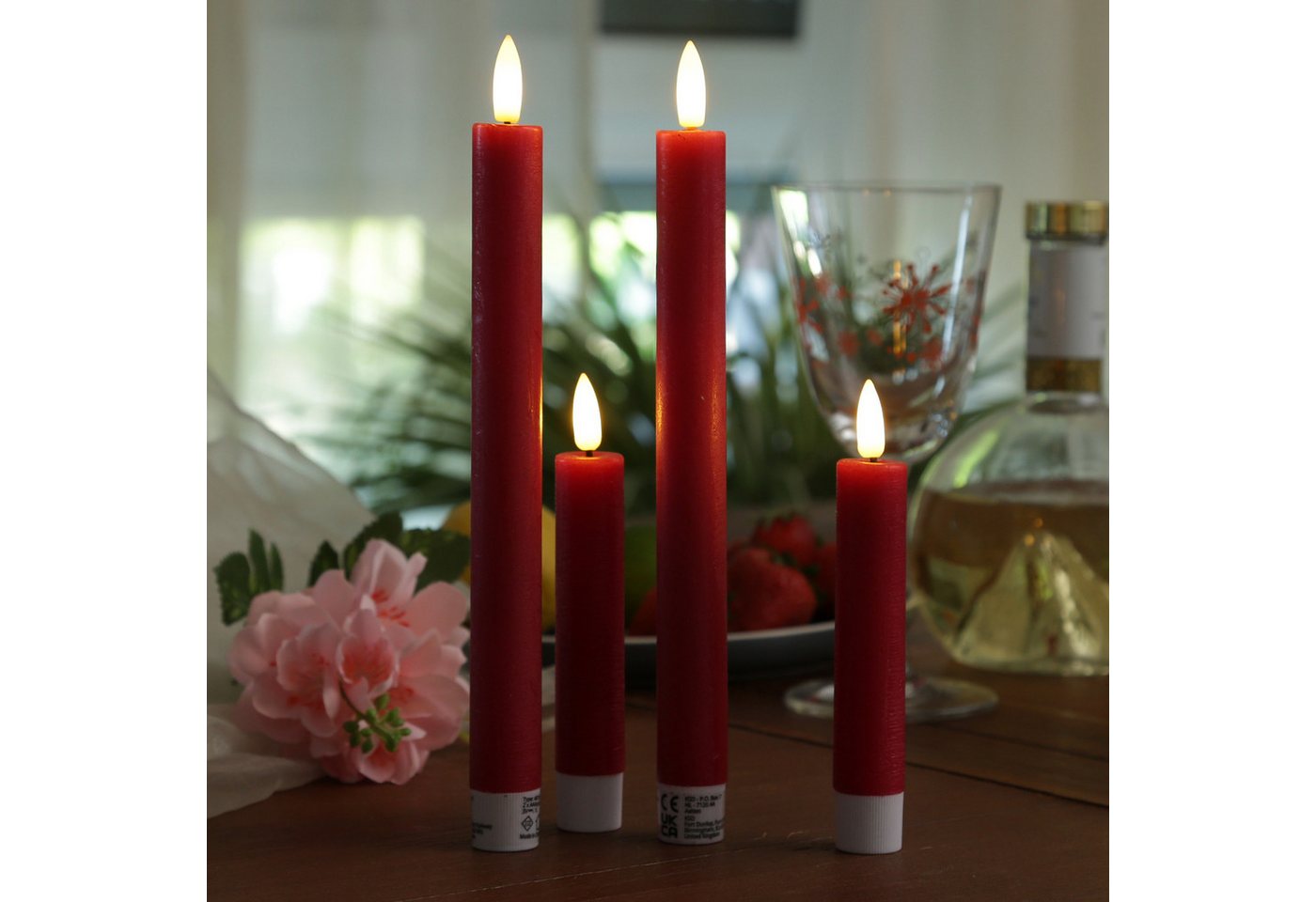 MARELIDA LED-Kerze LED Stabkerzen Tafelkerzen Dinner Spitzkerzen rustikal 24cm rot 2St, LED Classic, warmweiß (2100K bis 3000K)