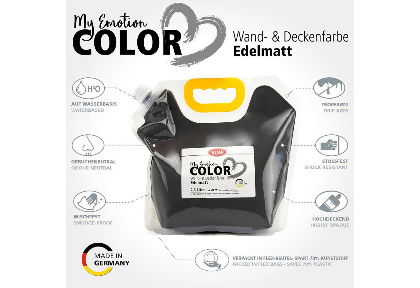 Viva Decor Wandfarbe Wandfarbe edelmatt für Innen, hohe Deckkraft & tropfarm, edelmatt, hochdeckend, tropfarm, geruchsneutral Bild 2