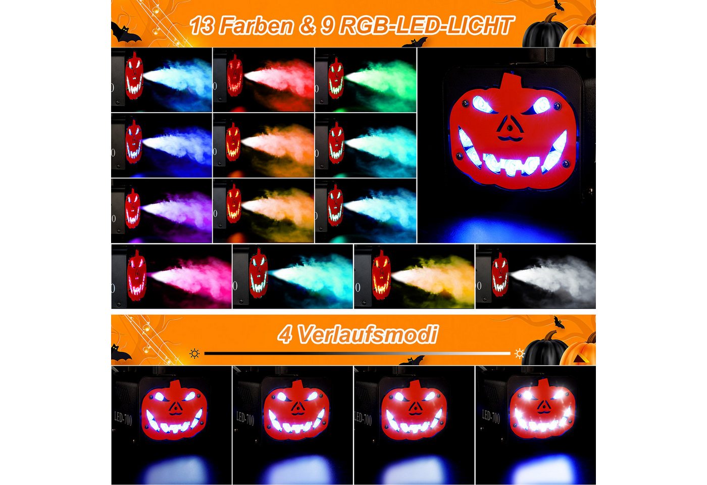TLGREEN LED Discolicht 500W Nebelmaschine Kürbis Kopf, mit 13 Farben 9 LED Licht, RGB Effekt und Automatik-Sprühfunktion, Fog Rauchmaschine für Halloween, Weihnachten & DJ Party Bild 2