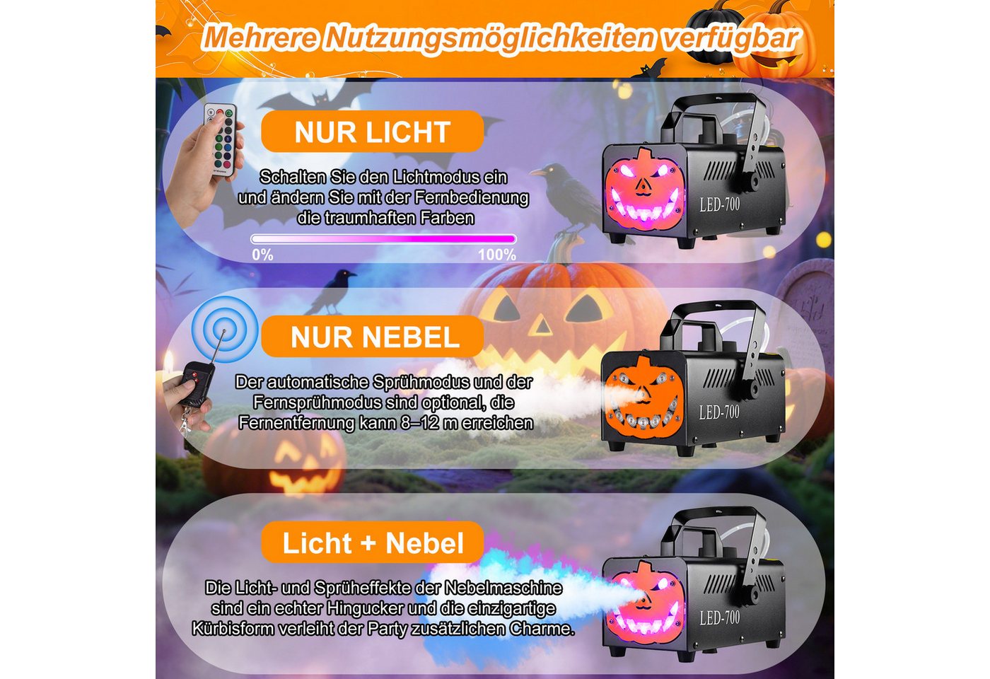 TLGREEN LED Discolicht 500W Nebelmaschine Kürbis Kopf, mit 13 Farben 9 LED Licht, RGB Effekt und Automatik-Sprühfunktion, Fog Rauchmaschine für Halloween, Weihnachten & DJ Party Bild 3