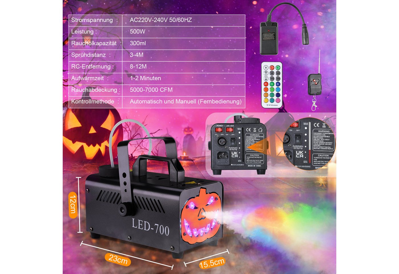 TLGREEN LED Discolicht 500W Nebelmaschine Kürbis Kopf, mit 13 Farben 9 LED Licht, RGB Effekt und Automatik-Sprühfunktion, Fog Rauchmaschine für Halloween, Weihnachten & DJ Party Bild 4