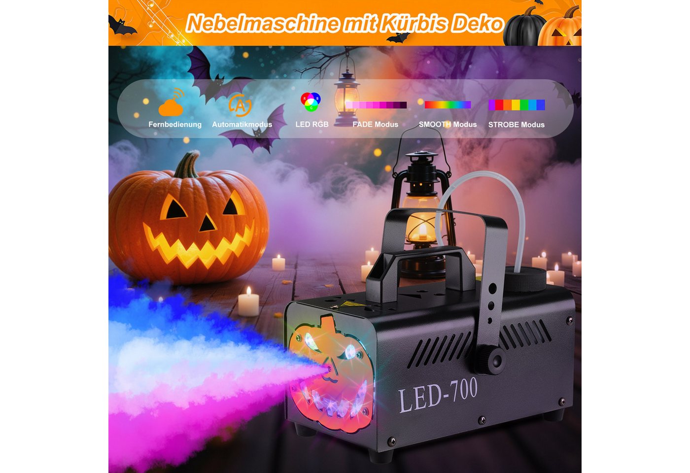 TLGREEN LED Discolicht 500W Nebelmaschine Kürbis Kopf, mit 13 Farben 9 LED Licht, RGB Effekt und Automatik-Sprühfunktion, Fog Rauchmaschine für Halloween, Weihnachten & DJ Party Bild 5