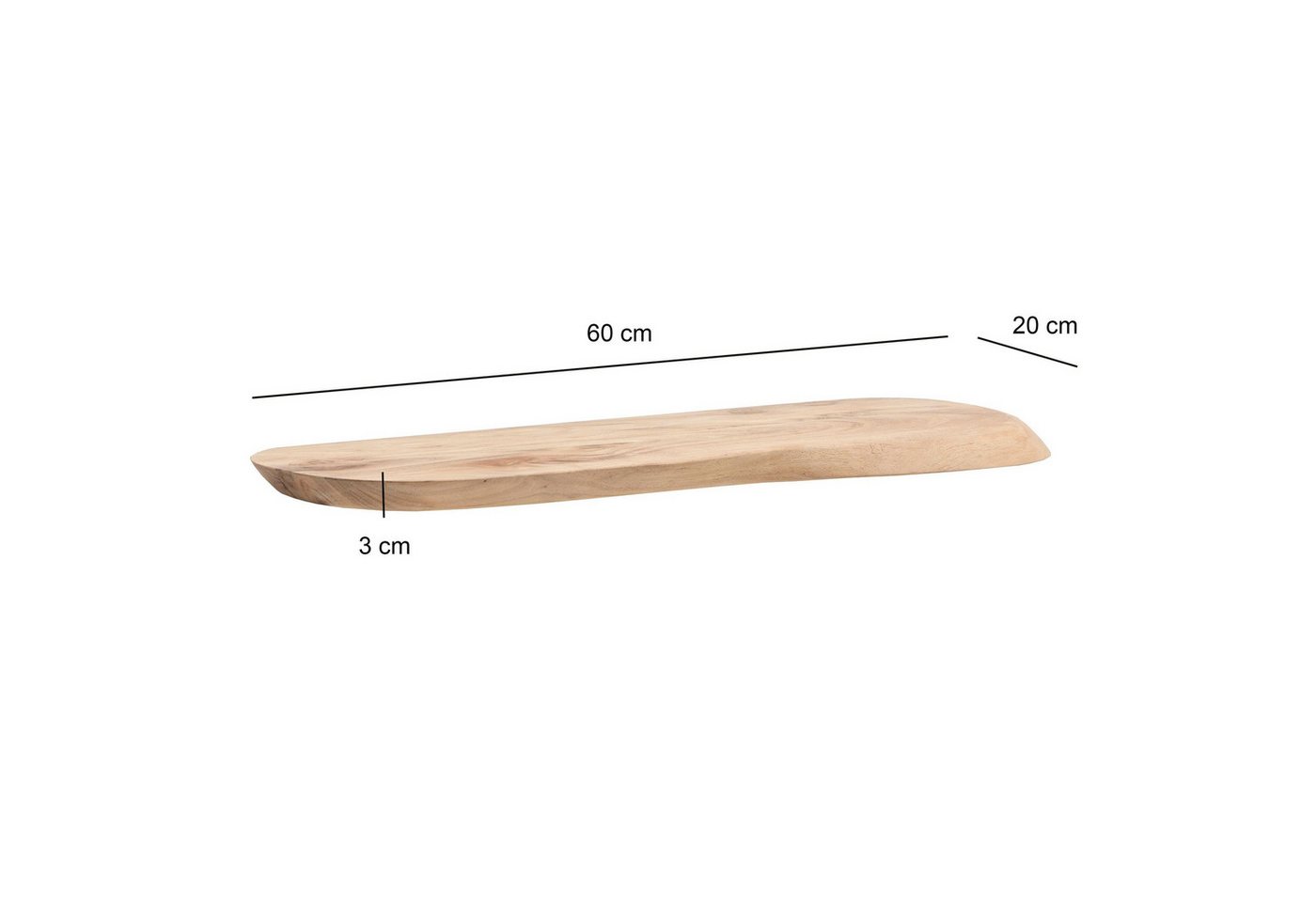 FINEBUY Wandregal FB74757 Schweberegal Akazie Massivholz 60cm in organischer Form modern, Dekoratives Massivholzregal mit organischer Form, Handgefertigte Ablage für moderne Wohnräume