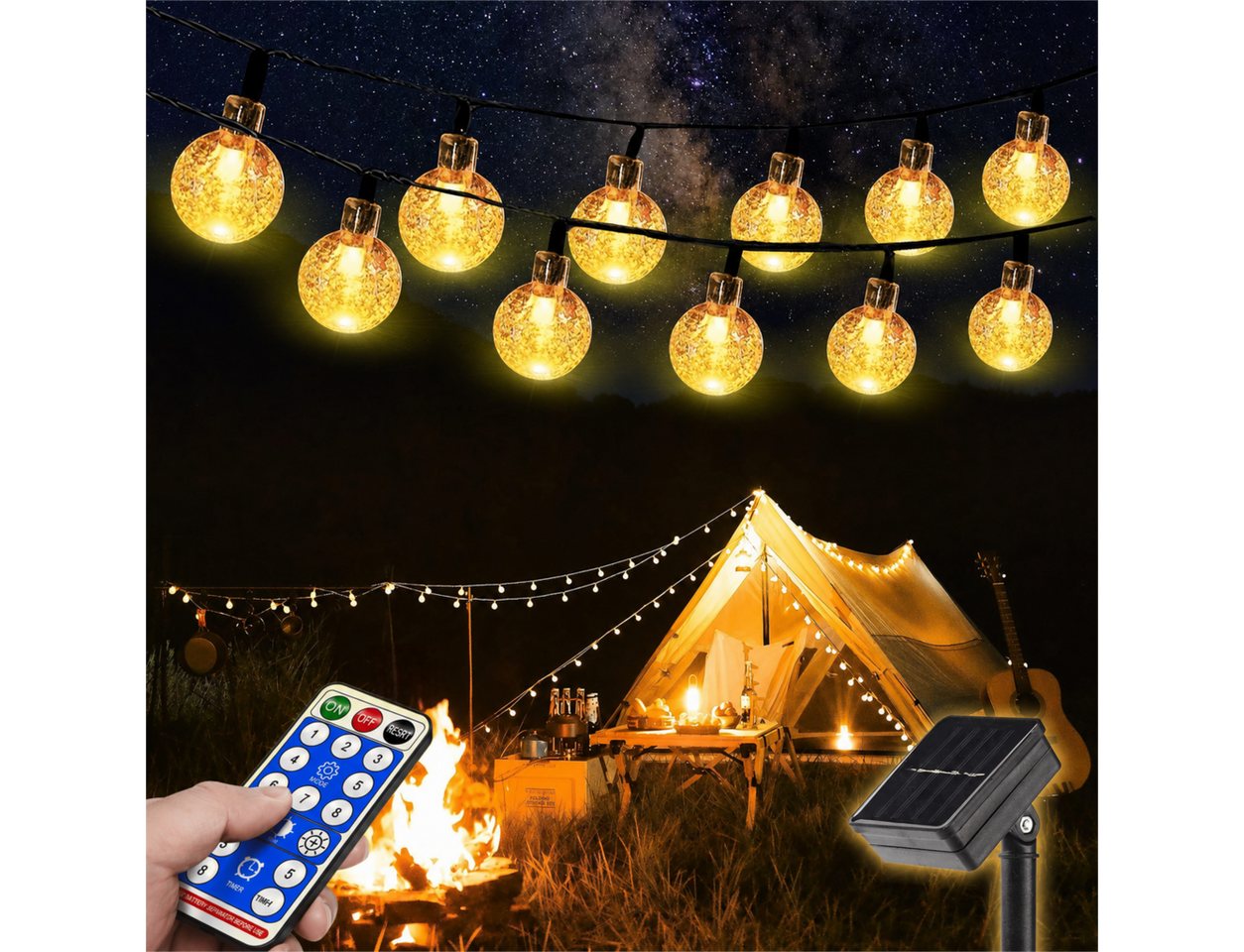 Fyrove LED Solarleuchte als dekorative Kugel-Lichterkette für draußen, Außenlichterkette für Terrasse, Balkon, Camping und Gartenfeste, 12 m, 100 LEDs, Warmweiß, 8 Lichtmodi, Solar & USB, Fernbedienung