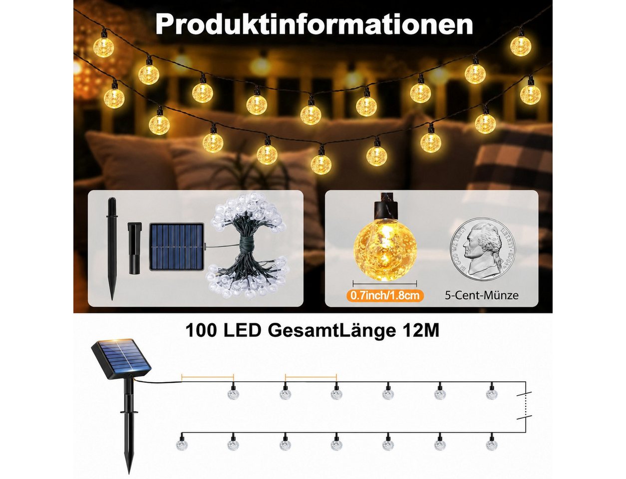 Fyrove LED Solarleuchte als dekorative Kugel-Lichterkette für draußen, Außenlichterkette für Terrasse, Balkon, Camping und Gartenfeste, 12 m, 100 LEDs, Warmweiß, 8 Lichtmodi, Solar & USB, Fernbedienung Bild 2