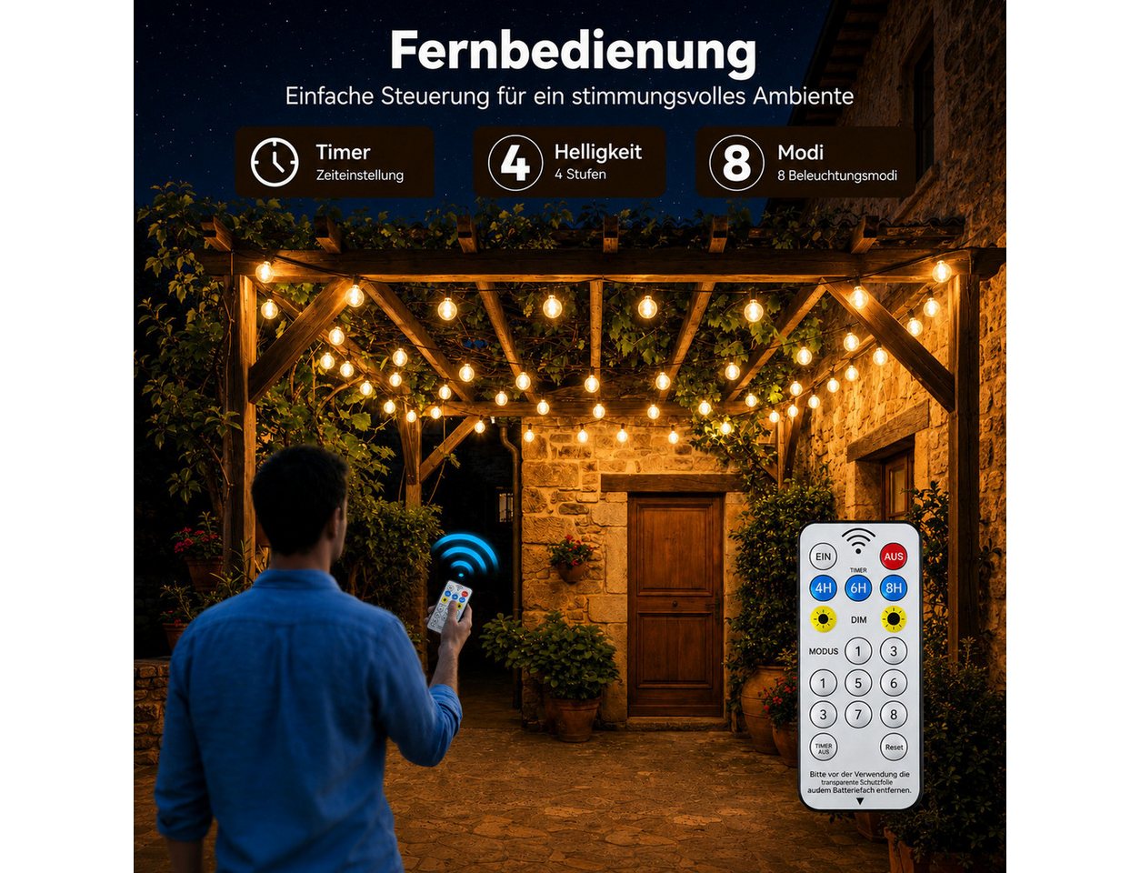 Fyrove LED Solarleuchte als dekorative Kugel-Lichterkette für draußen, Außenlichterkette für Terrasse, Balkon, Camping und Gartenfeste, 12 m, 100 LEDs, Warmweiß, 8 Lichtmodi, Solar & USB, Fernbedienung Bild 3