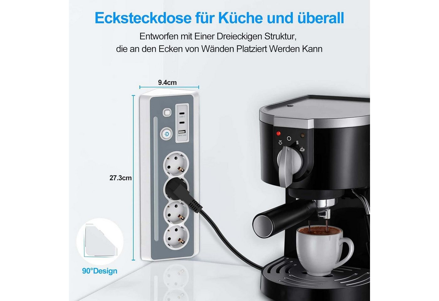 wohnTRAUM24 Steckdosenleisten Eck-Steckdosenleiste PD-Schnellaufladung 7 Fach Mehrfachsteckdose 7-fach (Ein- / Ausschalter, USB-Anschlüsse, Schalterbeleuchtung, 3680W 16A,USB PD 30W, Kindersicherung, 7-fach), mit USB, Type-C und LED Licht, für Küche Büro Schlafzimmer Wohnzimmer Bild 3
