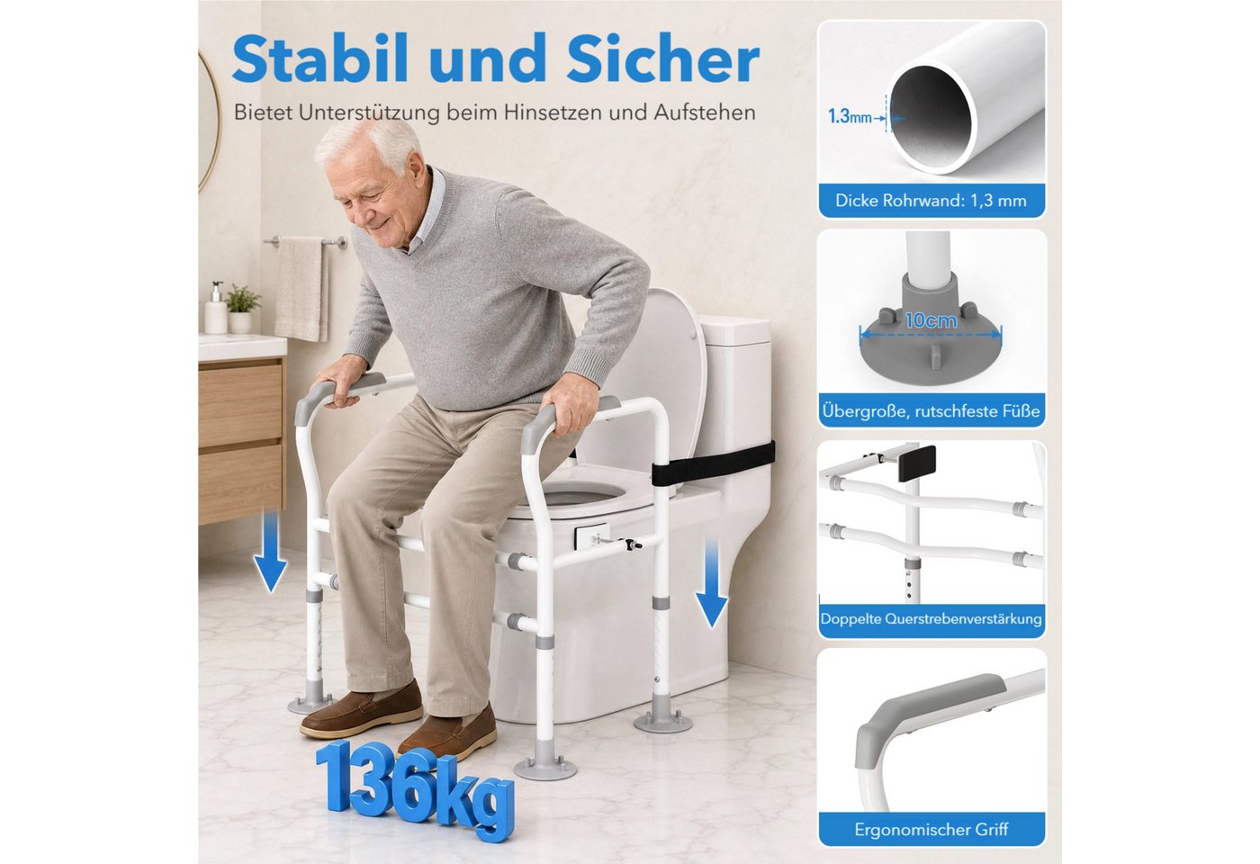 TLGREEN WC-Aufstehhilfe 6-fache Höhen und 2-fache Breitenverstellung WC-Handlauf, Bohrfreie Montage, 136kg Belastbar