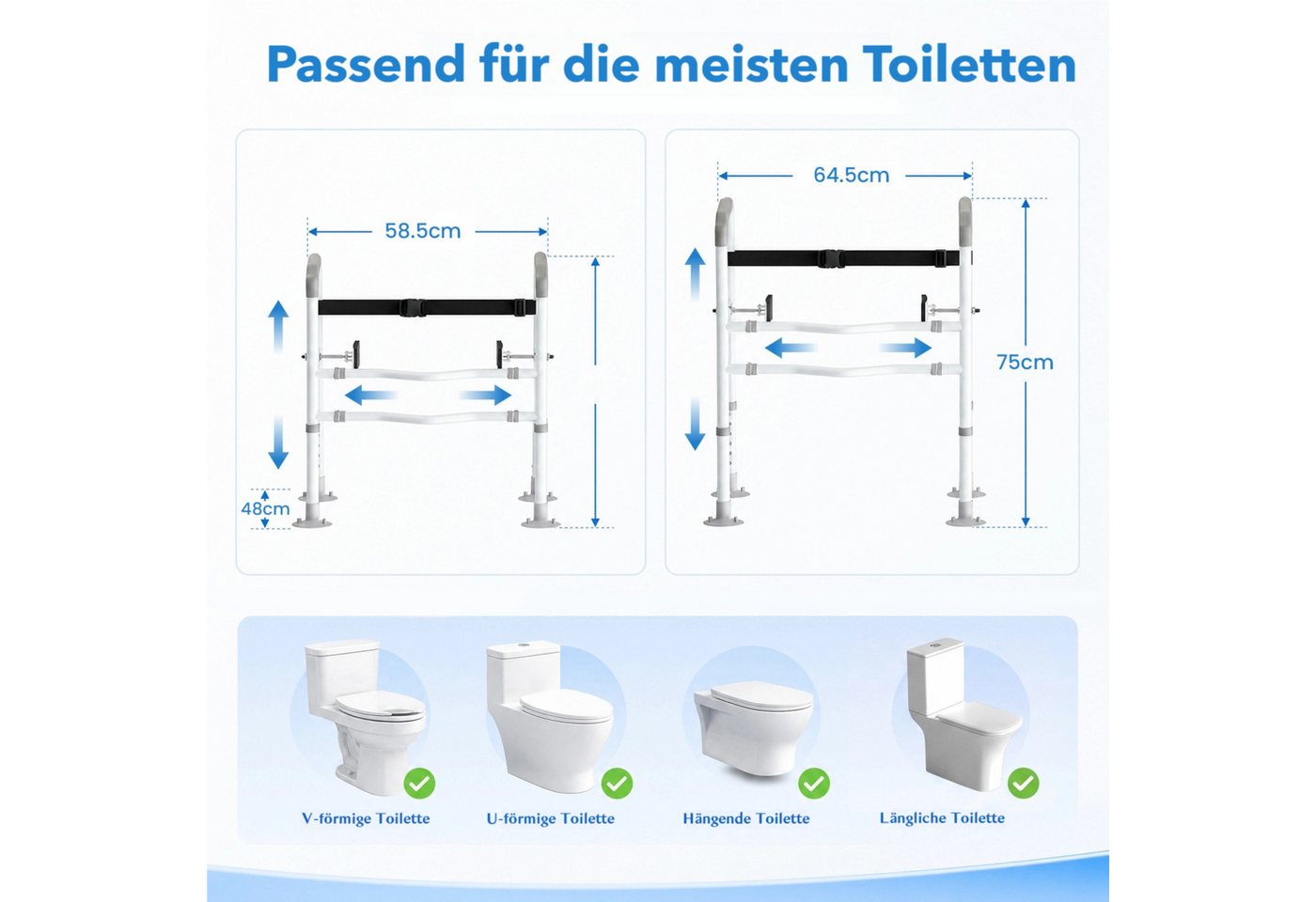 TLGREEN WC-Aufstehhilfe 6-fache Höhen und 2-fache Breitenverstellung WC-Handlauf, Bohrfreie Montage, 136kg Belastbar Bild 3