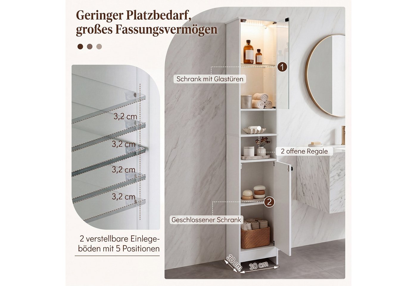 COSTWAY Badkommode mit Beleuchtung & Fernbedienung, Badezimmerschrank schmal