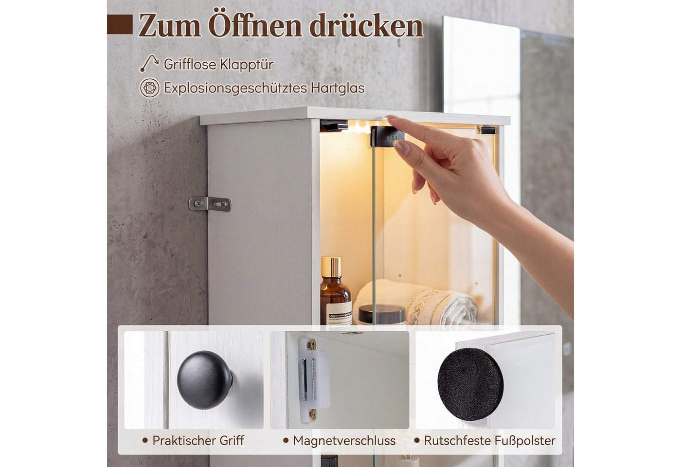 COSTWAY Badkommode mit Beleuchtung & Fernbedienung, Badezimmerschrank schmal Bild 2
