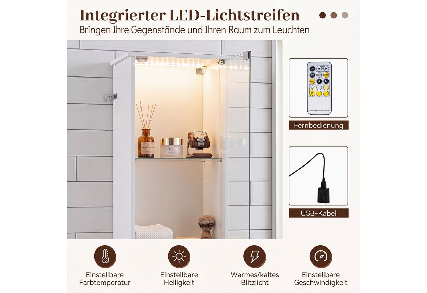 COSTWAY Badkommode mit Beleuchtung & Fernbedienung, Badezimmerschrank schmal Bild 4