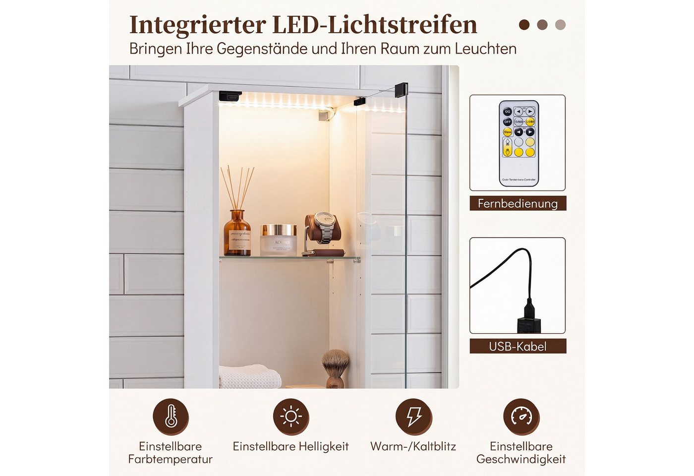 COSTWAY Badkommode mit Beleuchtung & Fernbedienung, Badezimmerschrank schmal Bild 5