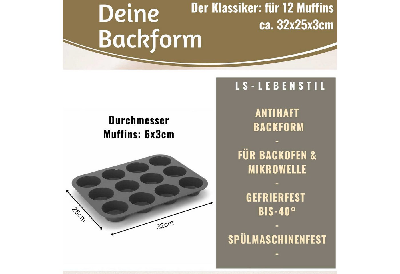 LS-LebenStil Muffinform Silikon Backform 33x25cm für 12 Muffins Muffinblech Cupcake Backmatte, (ideal auch für Brownie, Sorbet, Eis, Pudding 1-tlg), Antihaft Kuchenform, Mikrowellengeeignet, Geschirrspüler geeignet
