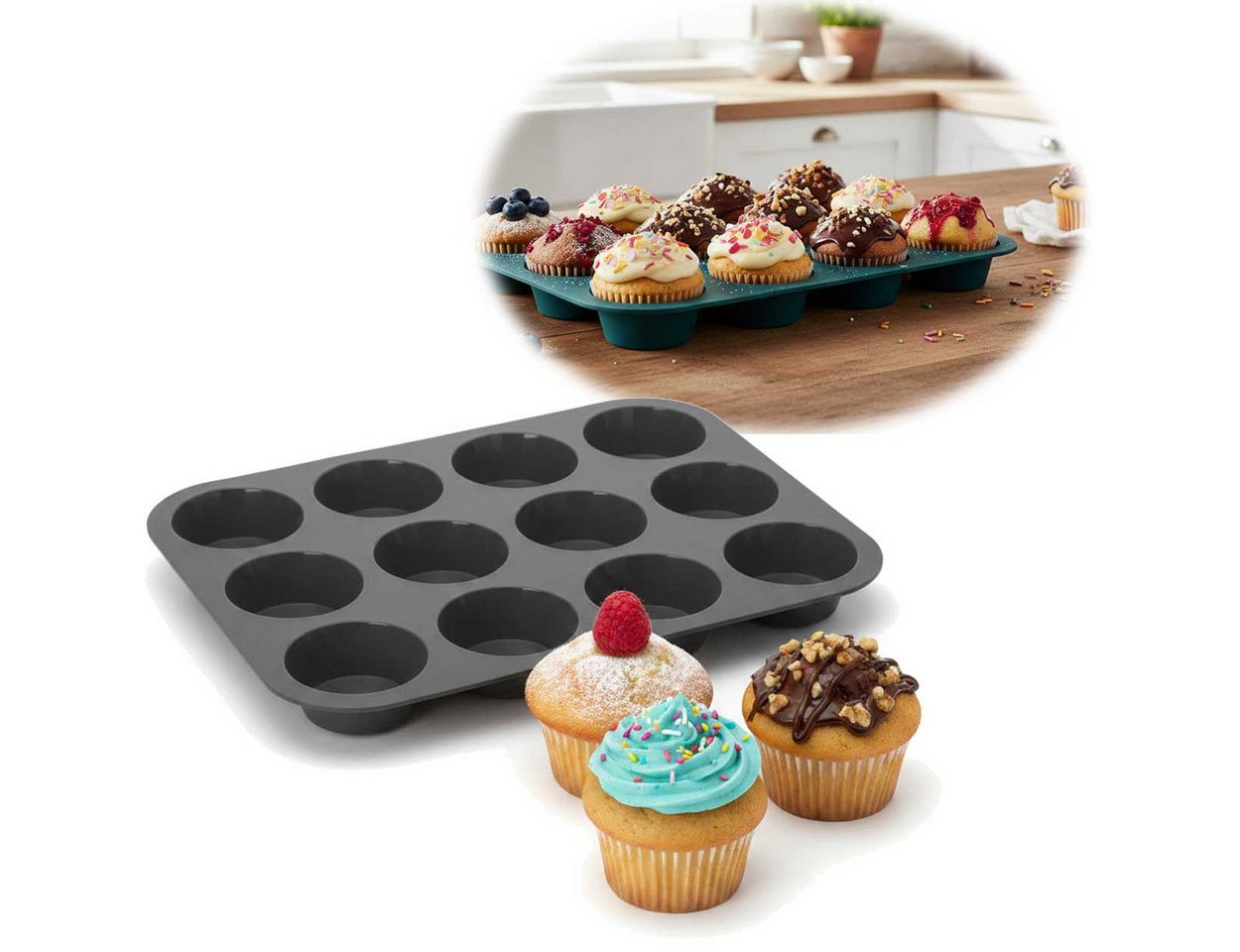 LS-LebenStil Muffinform Silikon Backform 33x25cm für 12 Muffins Muffinblech Cupcake Backmatte, (ideal auch für Brownie, Sorbet, Eis, Pudding 1-tlg), Antihaft Kuchenform, Mikrowellengeeignet, Geschirrspüler geeignet Bild 2