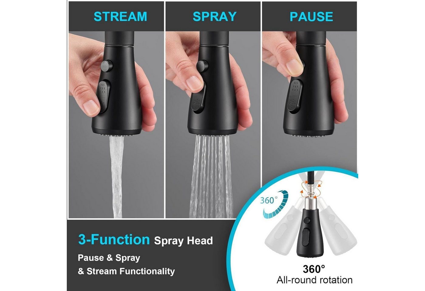 Fyrove Waschtischarmatur Wasserhahn Bad Schwarz,Waschtischarmatur Waschbecken-Küchenarmatur (schwarz,mit Handbrause,Küchenarmatur,ausziehbar,Küchenarmatur,2 Strahlarten,360 Grad drehbar,Wasserhahn aus Edelstahl 304,Armatur mit Herausziehbar Brause Mischbatterie Ausziehbar Kalt- und Warmwasserhahn Badarmatur einhebelmischer für Badzimmer Garten Küche) Bild 3