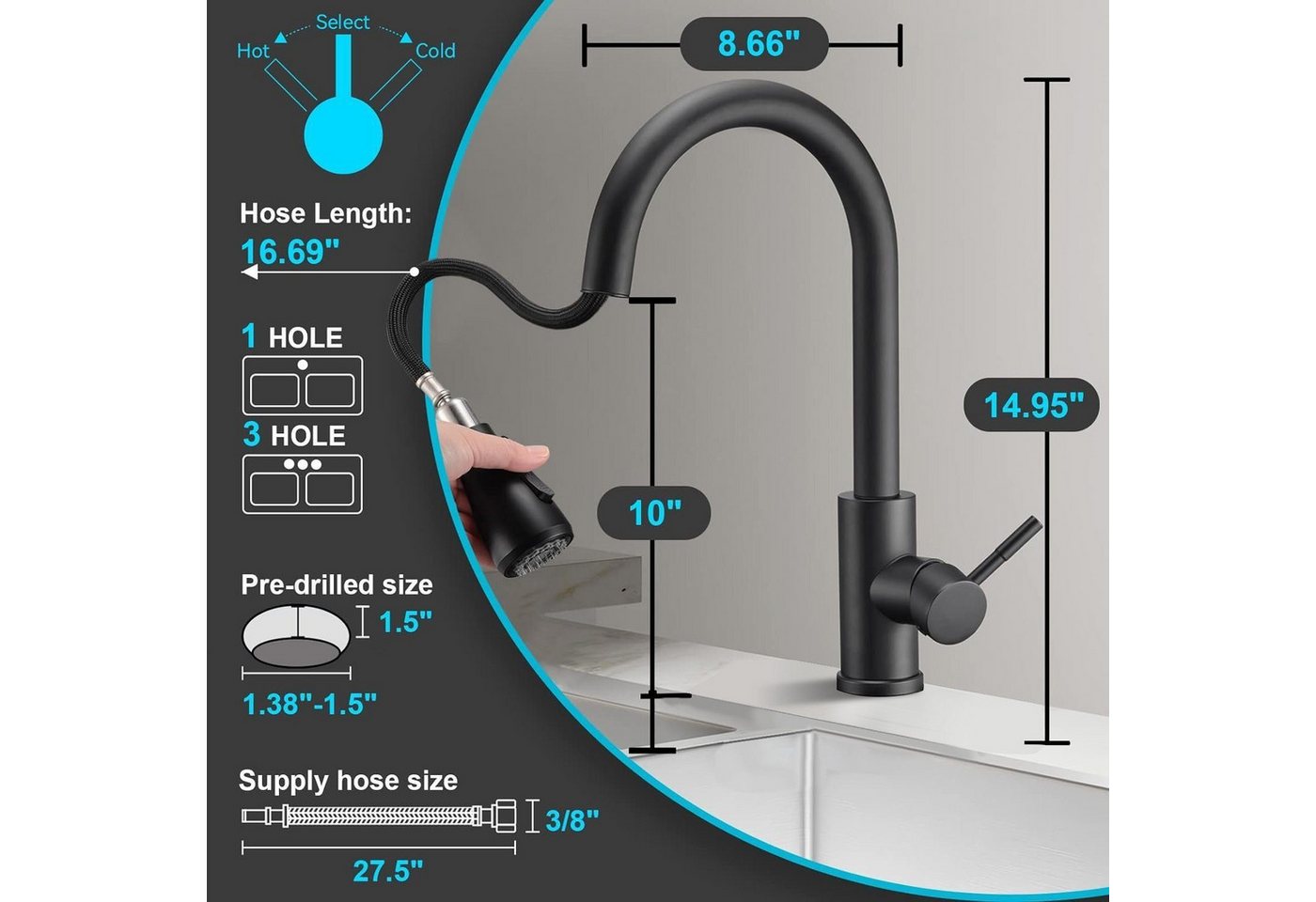 Fyrove Waschtischarmatur Wasserhahn Bad Schwarz,Waschtischarmatur Waschbecken-Küchenarmatur (schwarz,mit Handbrause,Küchenarmatur,ausziehbar,Küchenarmatur,2 Strahlarten,360 Grad drehbar,Wasserhahn aus Edelstahl 304,Armatur mit Herausziehbar Brause Mischbatterie Ausziehbar Kalt- und Warmwasserhahn Badarmatur einhebelmischer für Badzimmer Garten Küche) Bild 4