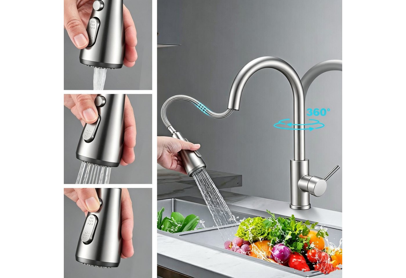 Fyrove Waschtischarmatur Wasserhahn Bad Schwarz,Waschtischarmatur Waschbecken-Küchenarmatur (schwarz,mit Handbrause,Küchenarmatur,ausziehbar,Küchenarmatur,2 Strahlarten,360 Grad drehbar,Wasserhahn aus Edelstahl 304,Armatur mit Herausziehbar Brause Mischbatterie Ausziehbar Kalt- und Warmwasserhahn Badarmatur einhebelmischer für Badzimmer Garten Küche) Bild 5