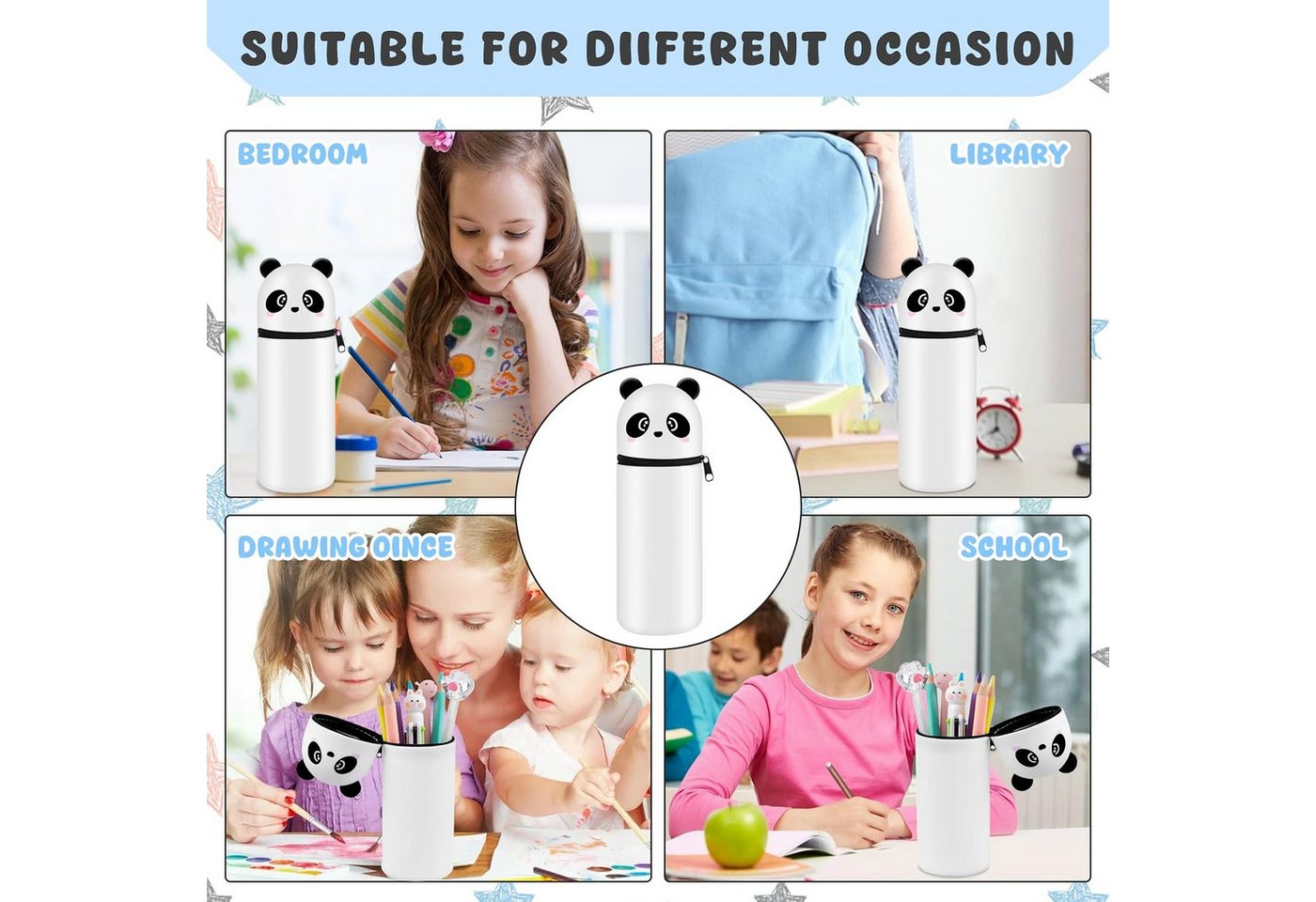 BlingBin Federmäppchen 2-in-1 Schulmäppchen Stiftbehälter aus weichem Silikon, Panda-Thema, (1 Stück, 1-tlg., 19 x 7 cm), Tischstifthalter Mäppchen Reißverschluss Kinder Schule Home Office Bild 3