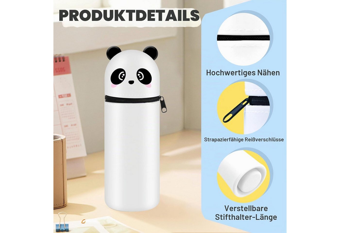 BlingBin Federmäppchen 2-in-1 Schulmäppchen Stiftbehälter aus weichem Silikon, Panda-Thema, (1 Stück, 1-tlg., 19 x 7 cm), Tischstifthalter Mäppchen Reißverschluss Kinder Schule Home Office Bild 4