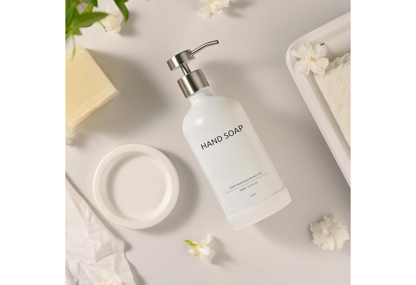 LuxusKollektion Seifenspender Glas Seifenspender mit Keramikschale Weiss 500ml