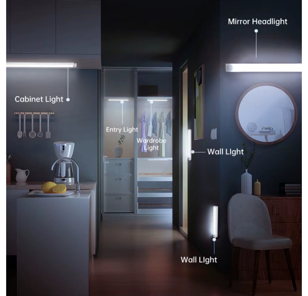 Athlix LED Lichtleiste Kabellose LED-Schrankleuchte, LED-Bewegungssensor-Nachtlicht 3er-Set, LED fest integriert, Kaltweiß, Individuelle Helligkeitsanpassung, Einfache 1-Knopf-Steuerung Bild 4