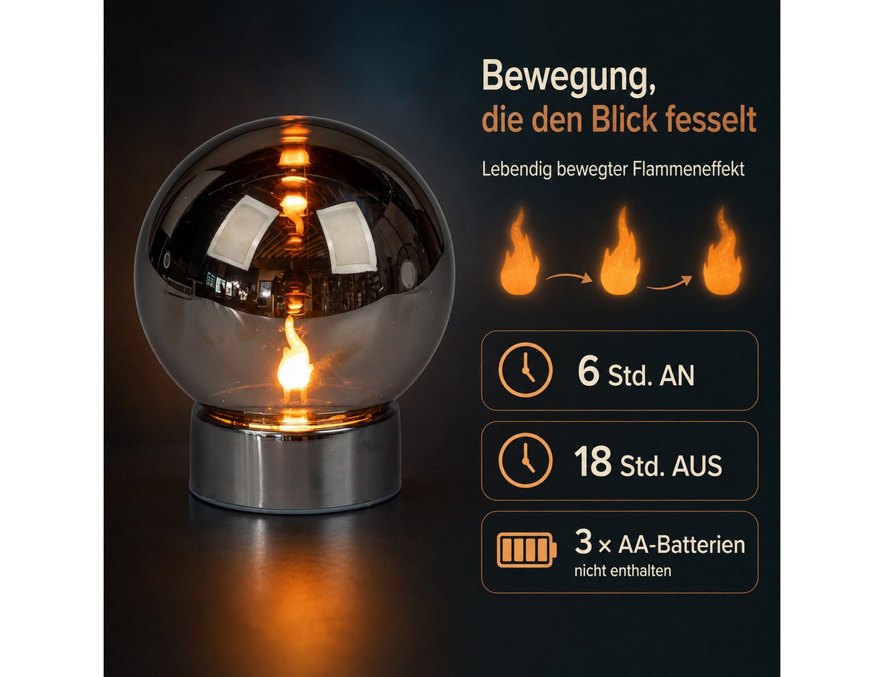 formano LED Dekolicht LED Deko-Kugel Magic Flame Silber Glas 15 cm Timer Flammeneffekt, LED fest integriert