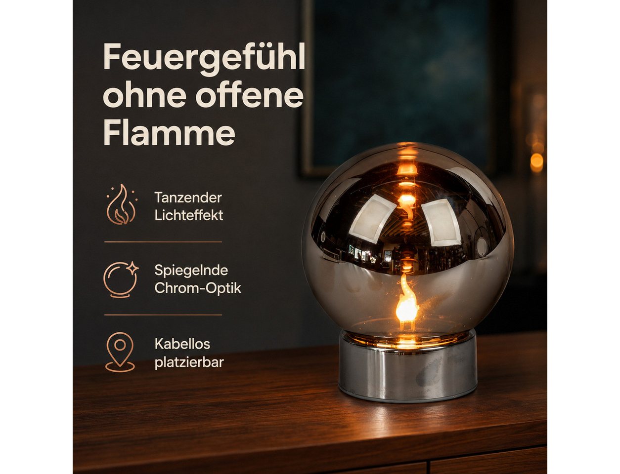 formano LED Dekolicht LED Deko-Kugel Magic Flame Silber Glas 15 cm Timer Flammeneffekt, LED fest integriert Bild 2