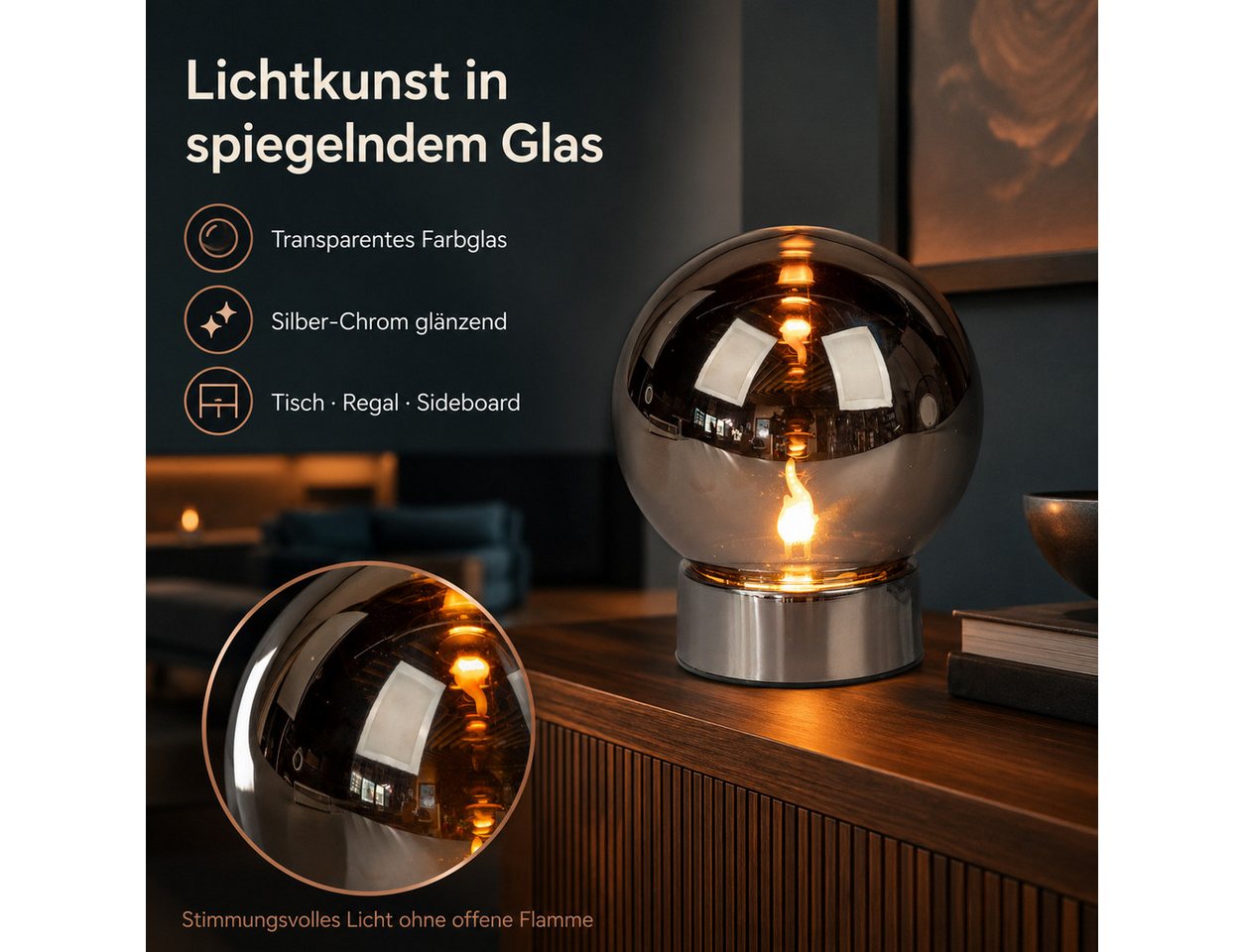 formano LED Dekolicht LED Deko-Kugel Magic Flame Silber Glas 15 cm Timer Flammeneffekt, LED fest integriert Bild 3